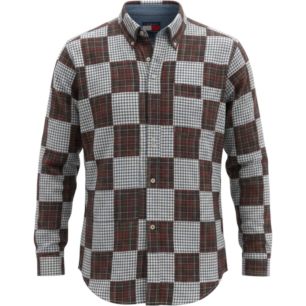 Tommy‎ Hilfiger Mens Large Patchwork Plaid Gingham Button Down Shirt 100% Cotton